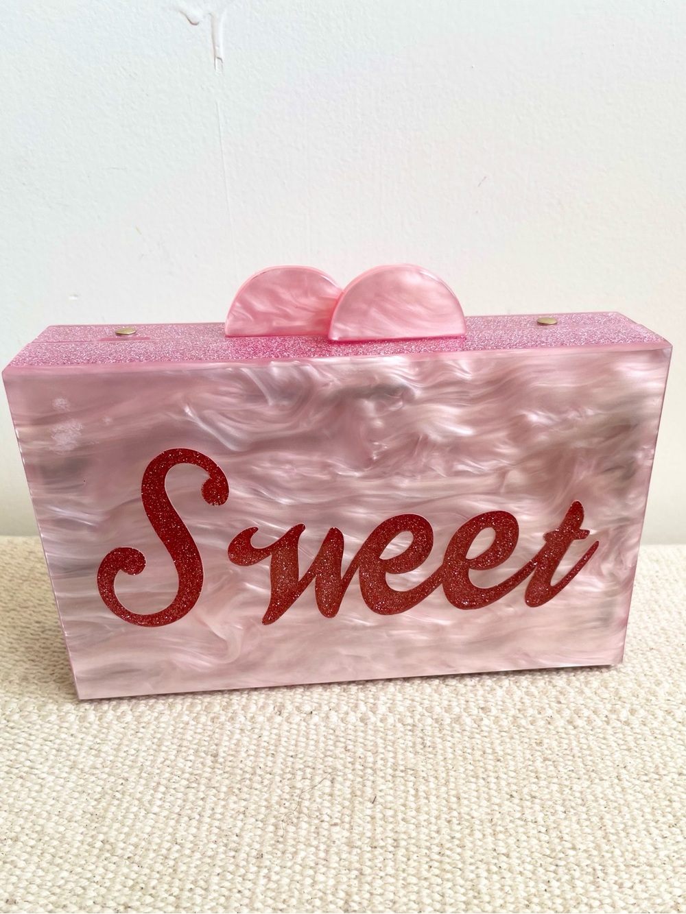 Bari Lynn Acrylic Box Clutch Sweet Sassy Bag Pink Marbleized Glitter No Strap